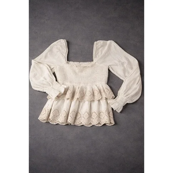 America Eagle Boho Ivory Smocked Peplum Blouse Square Neck Long Sleeve Top - Picture 2 of 3